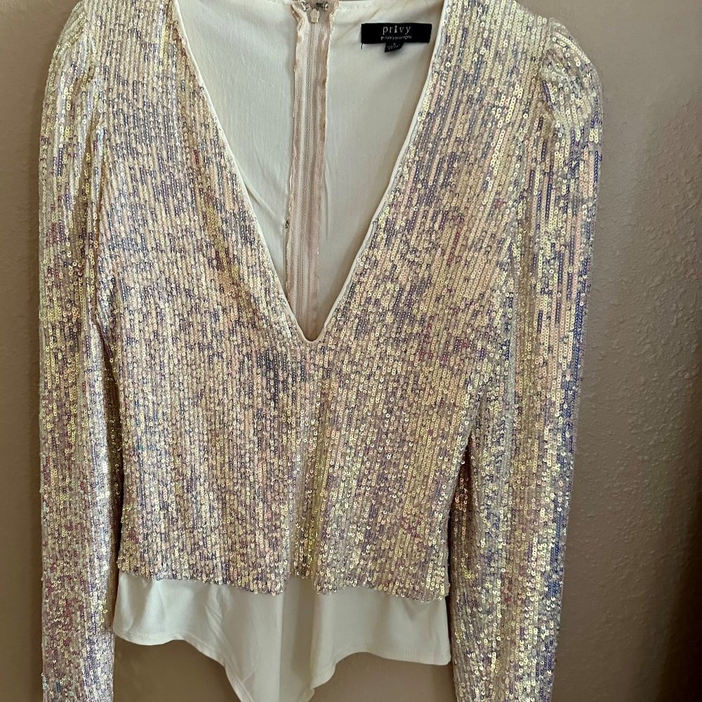 Privy Lined Ivory Iridescent Sequined Sparkling Bodysuit Lowcut V-Neck Small